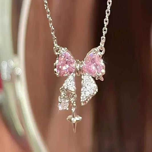 Pink Crystal Bow Y2K Heart Necklace