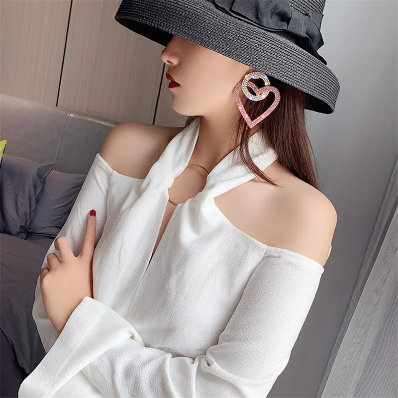 Pink Heart Crystal Statement Earrings