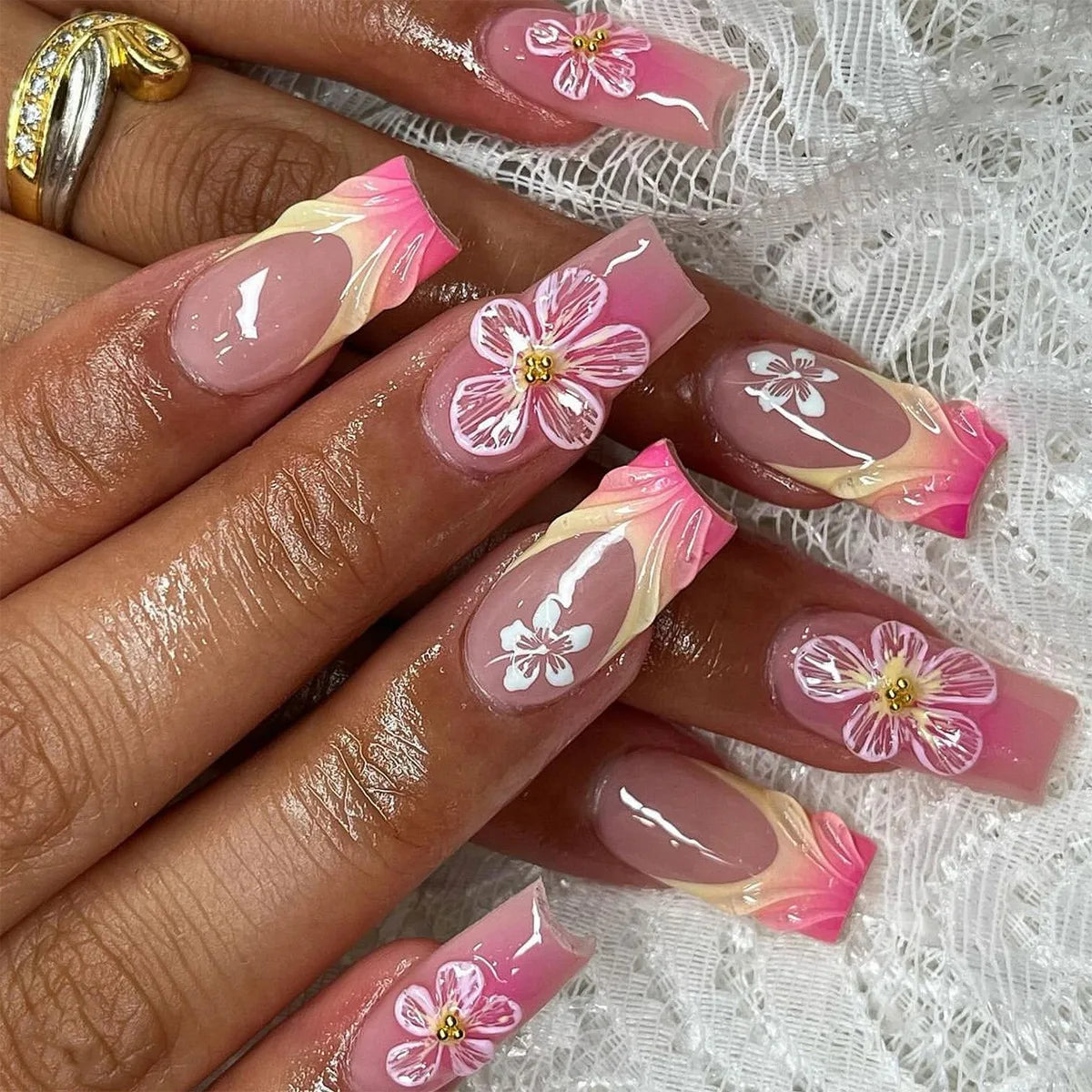 24pcs Pink French, Floral, and 3D Charm Press-On Nails
