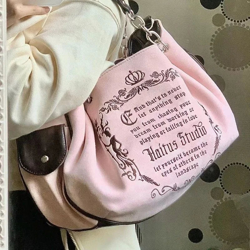 Pink Y2K Gothic Embroidery Letter Tote Bag