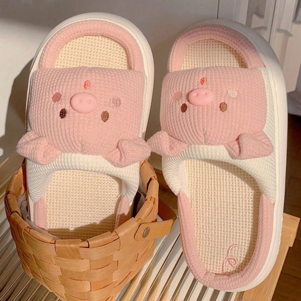 Pink Piggy Linen Slippers