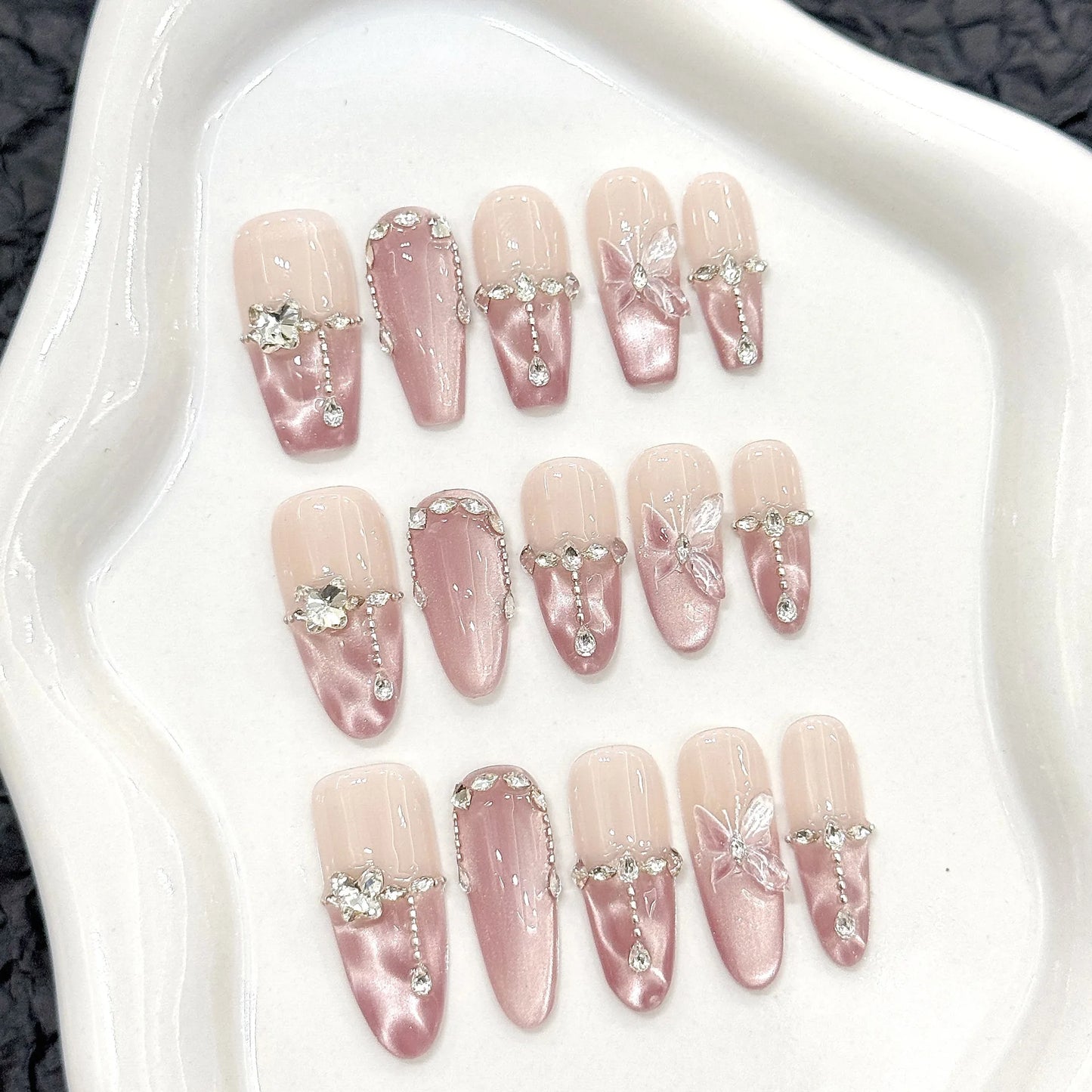 Pink Butterfly Glitter Press-On Nails