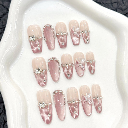 Pink Butterfly Glitter Press-On Nails