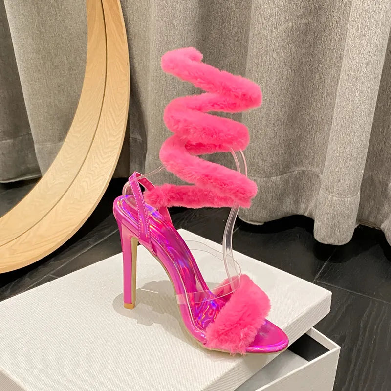 Pink Fur Serpentine High Heels