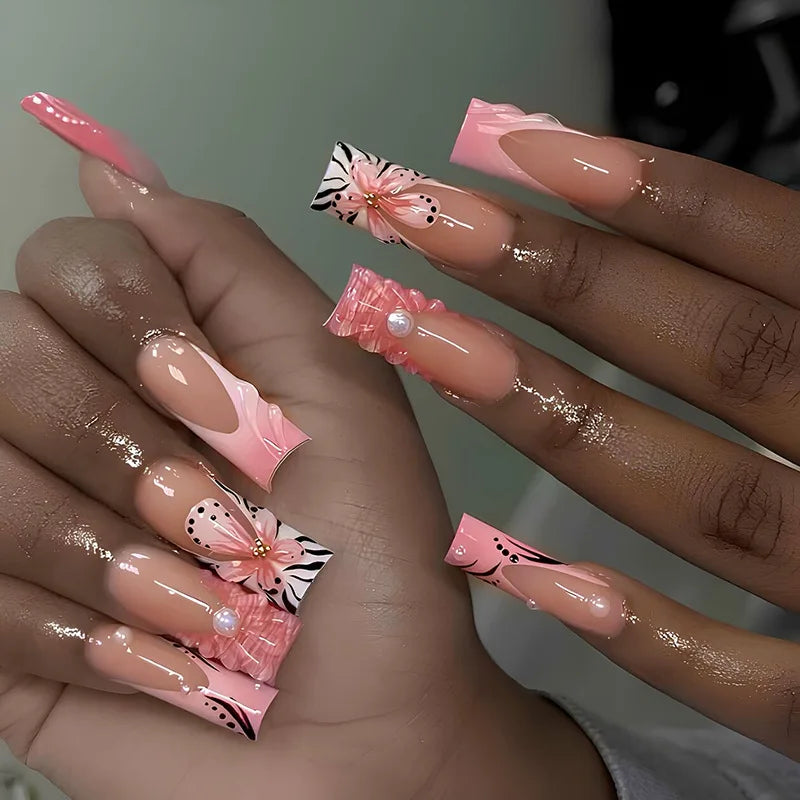 Pink 3D Flower & Butterfly Mega Charm Press-On Nails