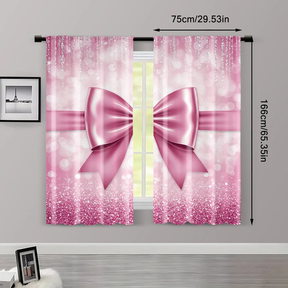 Pink Bow Print Polyester Curtains (2pc)
