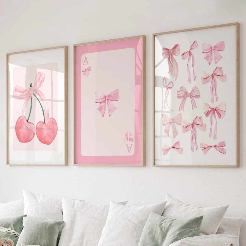 Pink Blue Bows Canvas Wall Art (3pcs)