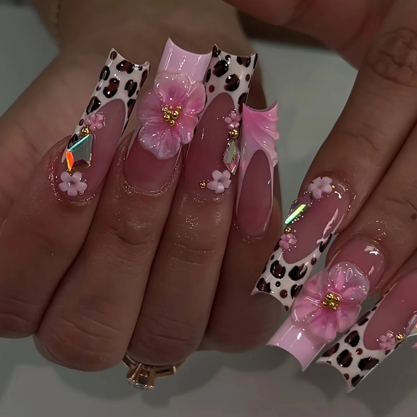 24pcs Pink French, Floral, and 3D Charm Press-On Nails