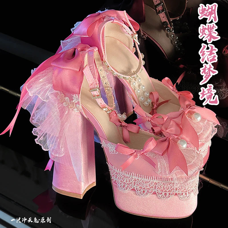 Pink Lolita Pearl Bow Platform Heels