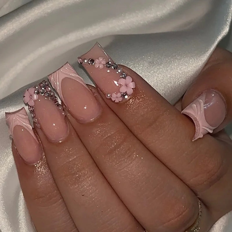 24pcs Pink French, Floral, and 3D Charm Press-On Nails